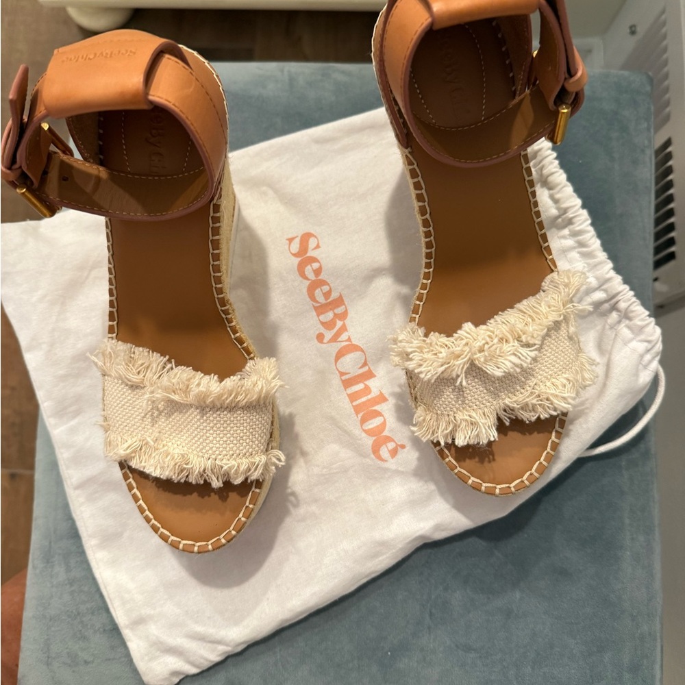 NWOT SEE BY CHLOÉ Glyn Frayed Canvas & Leather Espadrille Wedge Sandals
